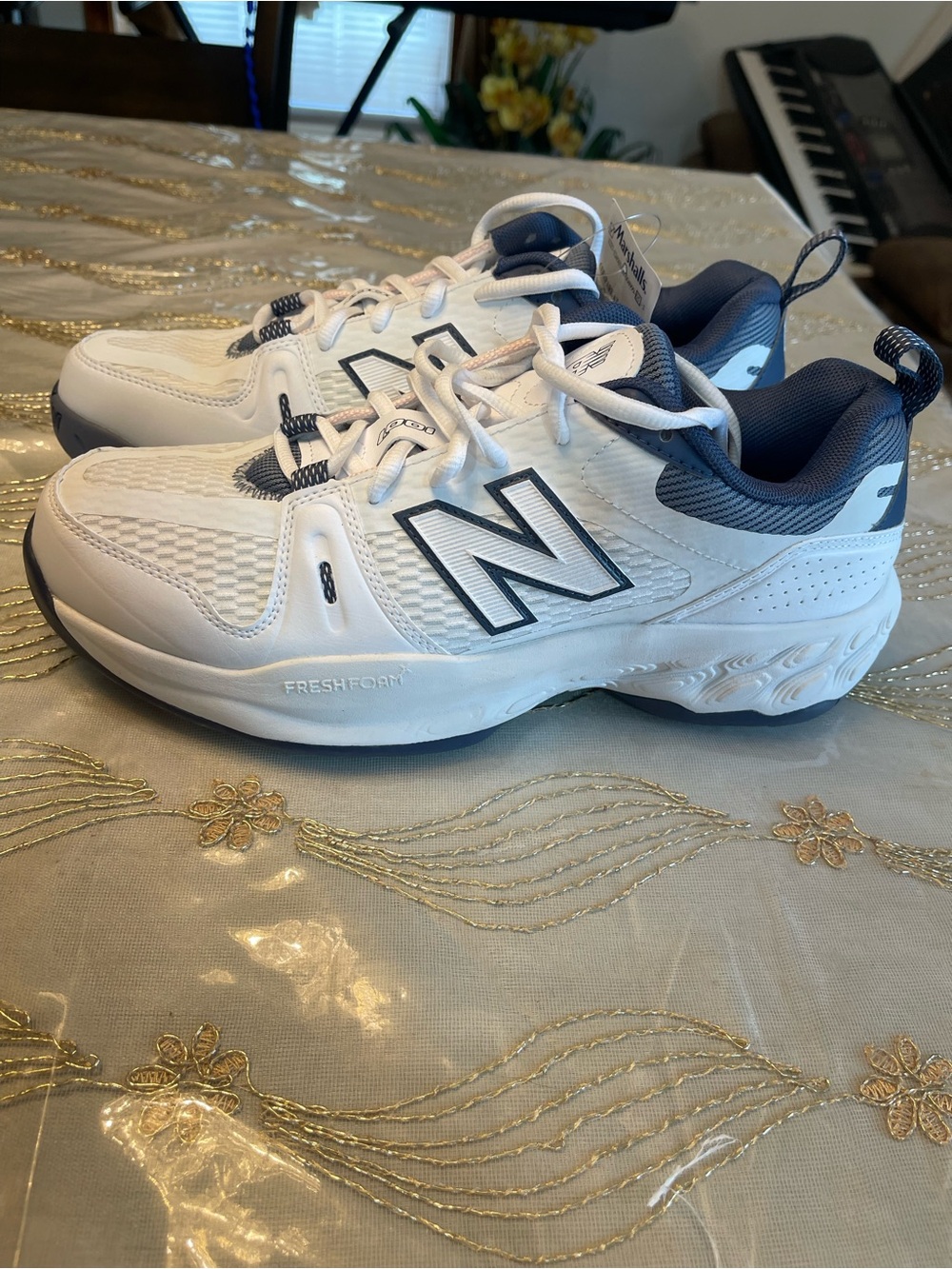 New Balance White and Navy Fresh Foam Athletic Sneakers